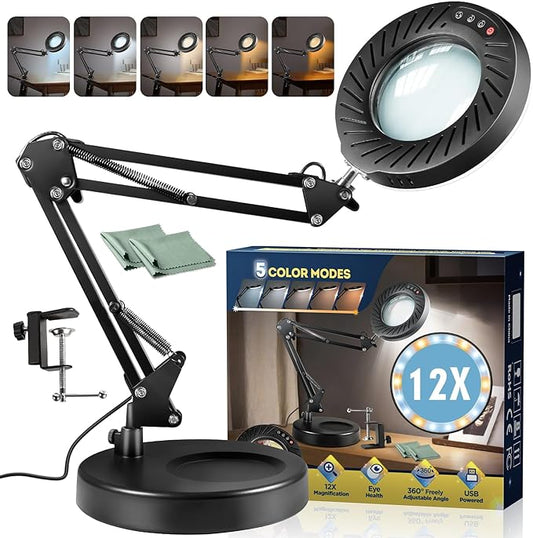 12X Magnifying Glass with Light and Stand, 144 LEDs Brightest Magnifying Lamp, 10 Dimmable Brightness 5 Modes, Hands Free Metal Desk Lamp for Craft Reading Painting Hobby Close Work - LeafyLoom