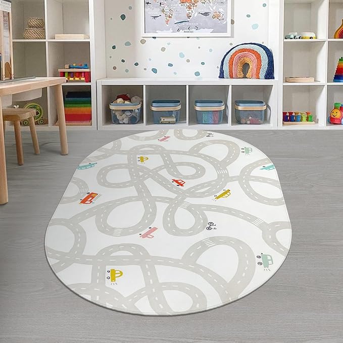 Grey Kids Rug for Playroom, 5'x7' Washable Road Rug for Kids Bedroom, Non-Slip Car Rug for Nursery, Large Traffic Play Mat Utral Soft Baby Carpet for Boys Girls Dorm Toy Room Tent - LeafyLoom