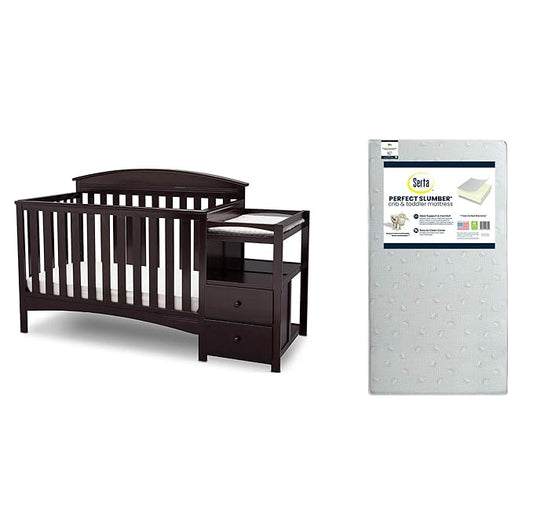 Delta Children Abby Convertible Crib 'N' Changer, Dark Chocolate + Serta Perfect Slumber Dual Sided Recycled Fiber Core Crib and Toddler Mattress (Bundle) - LeafyLoom