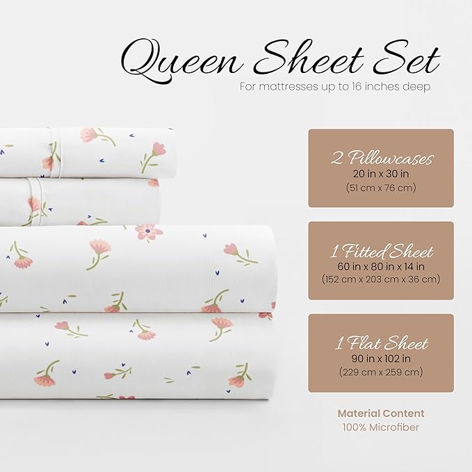 Linen Market 4 Piece Queen Sheets Set (Pink Floral) - Sleep Better Than Ever with These Ultra-Soft & Cooling Bed Sheets for Your Queen Size Bed - Deep Pocket Fits 16" Mattress - LeafyLoom