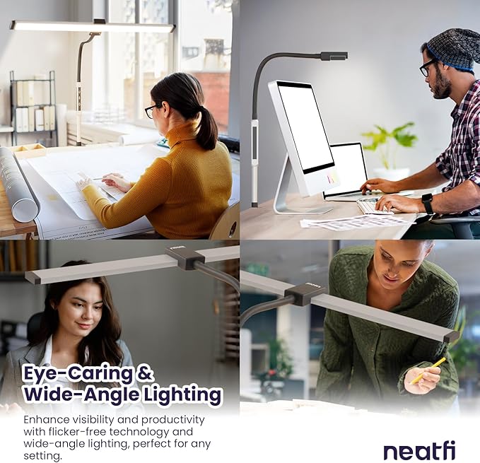 Neatfi Modern Desk Lamp with Clamp, Touch & Remote Controlled, 15W, Adjustable Color Temperature (3000K-6000K), Stepless Dimming, Flicker-Free, Wide-Angle Lighting for Home (Gooseneck, Silver) - LeafyLoom