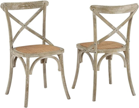 Modway Gear Rustic Modern Farmhouse Elm Wood Rattan Two Dining Chairs in Gray - LeafyLoom