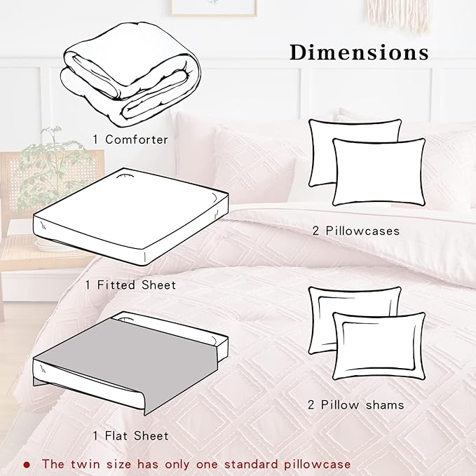 7 Pieces Tufted Bed in a Bag King Comforter Set with Sheets Blush, Soft and Embroidery Shabby Chic Boho Bohemian, Luxury Solid Color with Diamond Pattern, Jacquard Tufts Bedding Set for All Season - LeafyLoom