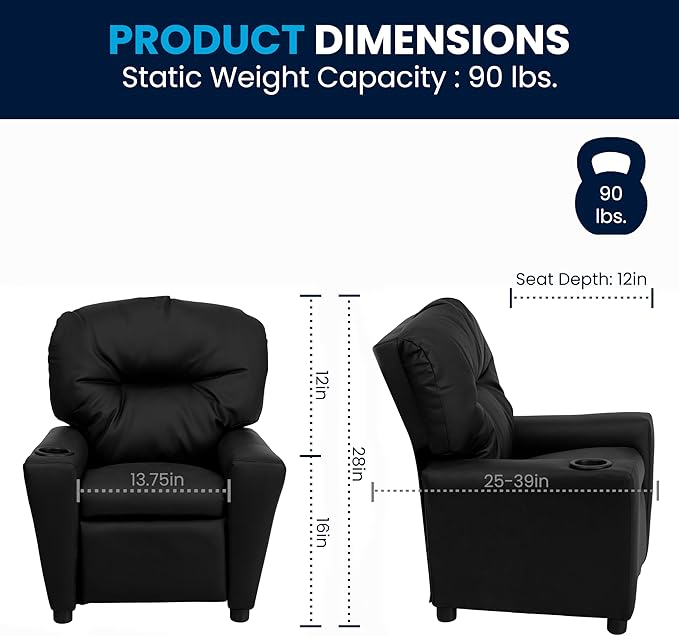 Flash Furniture Chandler LeatherSoft Kids Recliner with Cup Holder and Safety Recline, Contemporary Reclining Chair for Kids, Supports up to 90 lbs., Black - LeafyLoom