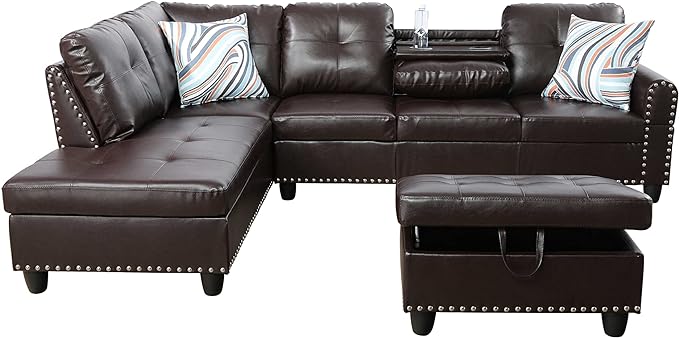 Living Room Furniture L Shaped Sectional Sofa Set with Storage Ottoman and Cup Holders, Wide Convertible Upholstered Couch for Home Office, Brown B - LeafyLoom