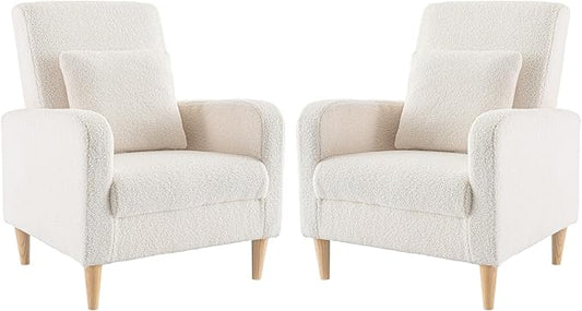 COLAMY Sherpa Accent Living Room Chairs Set of 2, Upholstered Fabric Armchair Reading Side Chair, Single Sofa with Back Pillow and Wood Legs, Cream - LeafyLoom