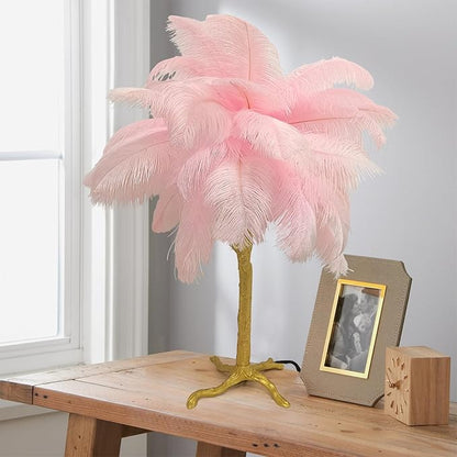 Ostrich Feather Desk Lamp Bedside Pink Cute Lamp Gold Resin Table Lamp, Coconut Tree Feather Lamp for Bedroom Living Room Hallway Wedding Girls Bedroom Night Light G4 Base - LeafyLoom