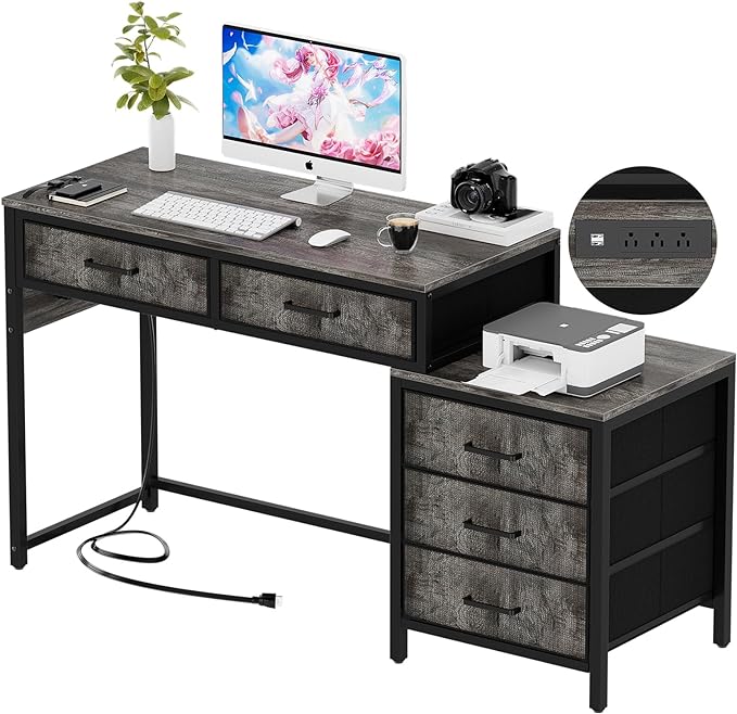 Unikito Computer Desk with 5 Drawers, Reversible Home Office Desk with Power Outlets, Sturdy Writing Desk with File Cabinet and Printer Stand, Vanity Desk with Storage for Small Space, Black Oak - LeafyLoom