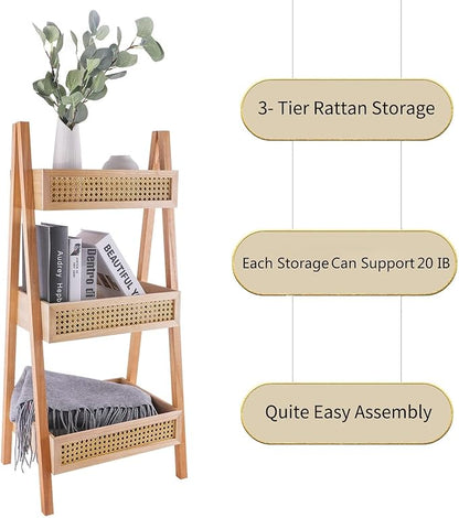 ZYBT Ladder Bookshelf, 3-Tier Rattan Bookshelf, Free Standing Bookcase, Blanket Ladder, Wood Organizer Storage Shelves for Living Room Bedroom Kitchen Bathroom Balcony and Home Office - LeafyLoom