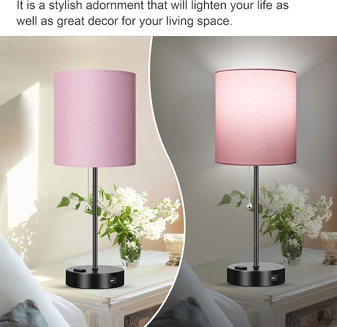 WIHTU 3 Color Temperature Bedside Table Lamps Set of 2, Modern Small Lamp with USB and Outlet, Bedroom Lamp for Nightstand with Chain Switch, Pink Desk Lamp for Living Room, Two Bulbs Included - LeafyLoom