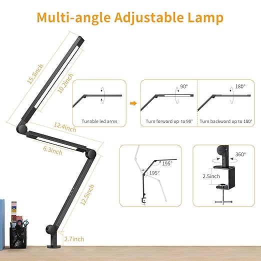 EppieBasic Led Desk Lamp with Clamp, Dual Light Swing Arm Architect Desk Light for Home Office, Dimmable & 4-Color Modes, 12W Eye-Care Office Lighting with Memory & Timer for Monitor Studios Reading - LeafyLoom