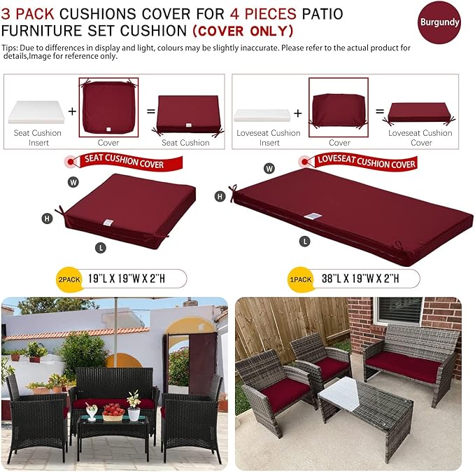 ClawsCover 3Pack Outdoor Seat Cushions Replacement Covers Fit for 4 Pieces Wicker Rattan Furniture Patio Conversation Set Loveseat Chair,38x19x2,19x19x2,Burgundy-Large (Include Cover Only) - LeafyLoom