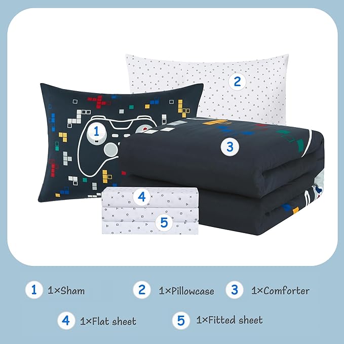 KALEIDOSPACE Kids Bedding Sets for Boys Girls, Glow in The Dark 5 Piece Gamer Twin Bed in A Bag, Ultra Soft Microfiber Kids Bedding for All Season (66"X86" - LeafyLoom