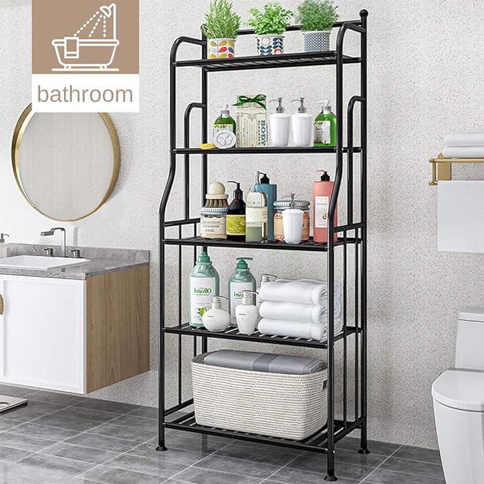 Shelving Unit Bakers Rack Metal Storage Shelves Laundry Shelf Organizer Standing Shelf Units for Laundry Kitchen Bathroom Pantry Closet Indoor and Outdoor (5 Tier, Black) - LeafyLoom