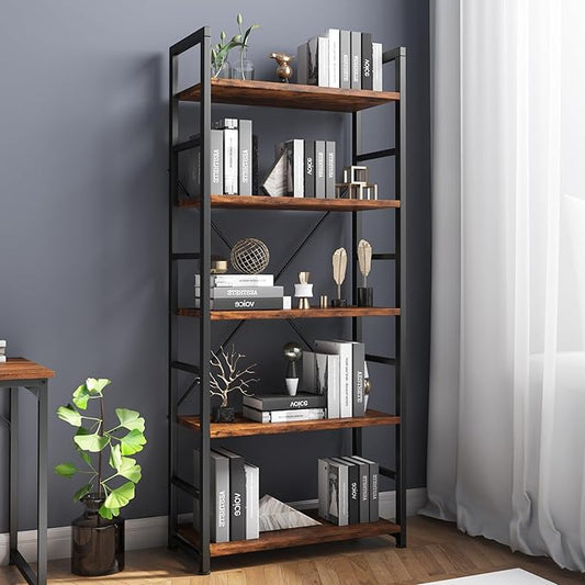 COTUBLR 5 Tier Bookshelf 24 Inch Bookcase Book Shelf Organizer Modern Tall Bookshelf Book Case Ladder Bookshelves Book Storage for Bedroom, Living Room, Home Office, Kitchen (Vintage) - LeafyLoom