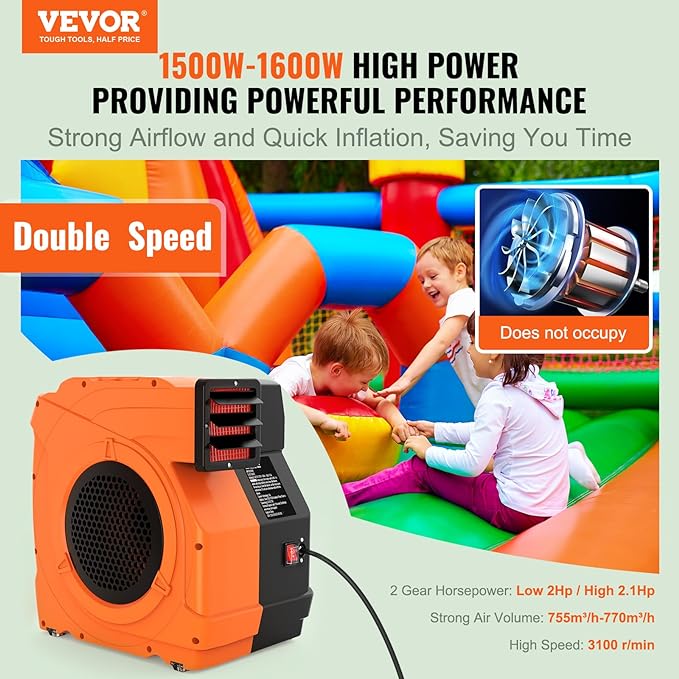 VEVOR Inflatable Blower, 1500W, 2 & 2.1 HP Bounce House Blower, Pump Commercial Air Blower for Inflatables, 3100 RPM Bouncy Castle Electric Fan Perfect for Bounce House - LeafyLoom