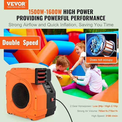 VEVOR Inflatable Blower, 1500W, 2 & 2.1 HP Bounce House Blower, Pump Commercial Air Blower for Inflatables, 3100 RPM Bouncy Castle Electric Fan Perfect for Bounce House - LeafyLoom