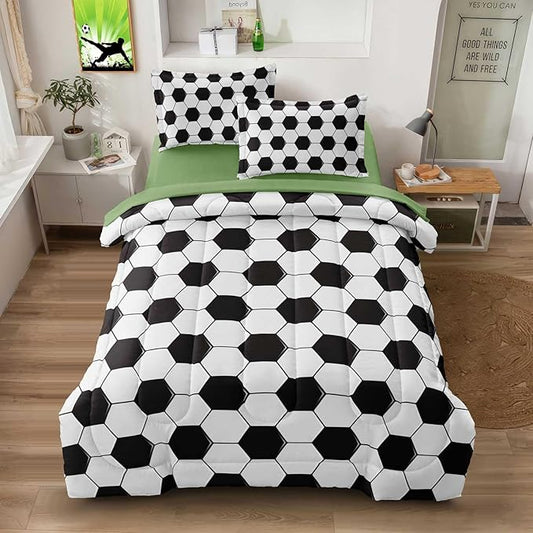 Soccer Comforter Set Full for Boys Girls, 5 Pieces Soccer Bedding Twin Bed in a Bag Set with Sheets, Black and White Bed Sets for Teenage - LeafyLoom