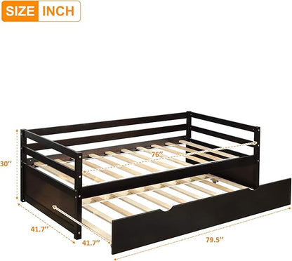 Twin Size Daybed with Hideaway Trundle,Multifunction Solid Wood Bed Frame,W/Wooden Slat Support and Guardrails,No Box Spring Needed,for Bedroom Children Room,Espresso - LeafyLoom