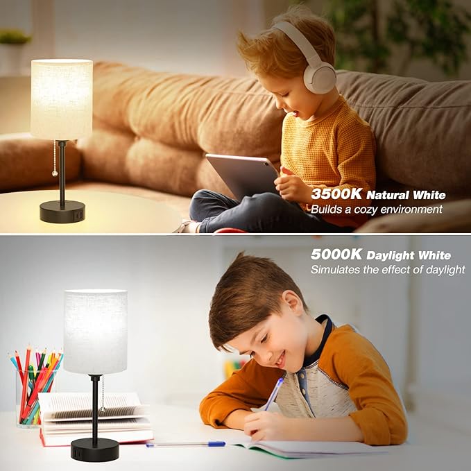 Small Bedside Lamps 3 Color Modes - Off White 2700K 3500K 5000K Bedroom Lamps with USB C and A Ports, Pull Chain Table Lamps with AC Outlet, Nightstand Lamps with Black Metal Base for Kids Reading - LeafyLoom