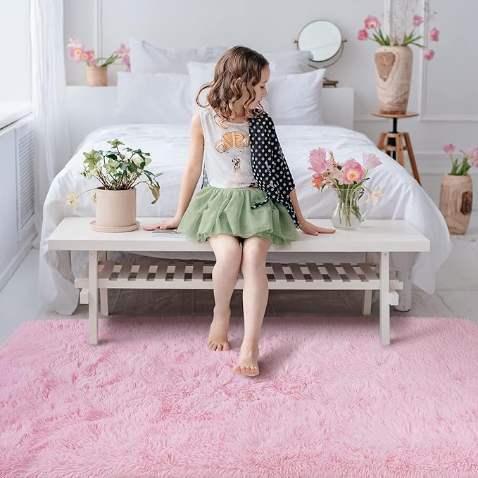 Softlife Pink Fluffy Area Rugs for Living Room, 6x9 Feet Rug for Bedroom Ultra Soft Girls and Boys Room Kids Room Nursery Rug, Shaggy Fur Indoor Plush Modern Floor Carpet Christmas Decor, Pink - LeafyLoom