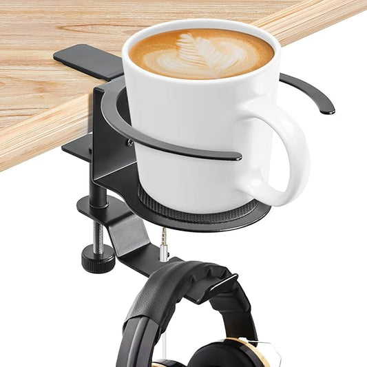 Desk Cup Holder, 2-in-1 Adjustable & 360° Rotating Office Gaming Desk Accessories for Under Desk Headphone Stand Hanging Headset, Holding Coffee Mug, Drinks, Water Bottle – Black - LeafyLoom