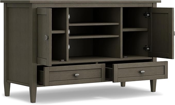 SIMPLIHOME Warm Shaker SOLID WOOD Universal TV Media Stand, 47 inch Wide, Transitional, Living Room Entertainment Center, Storage Cabinet, for Flat Screen TVs up to 55 inches in Farmhouse Grey - LeafyLoom