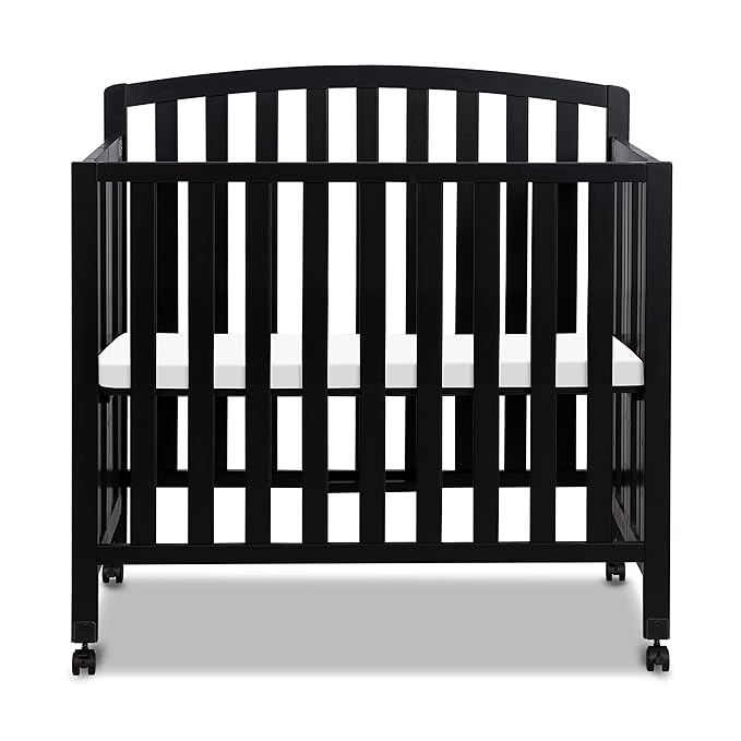 DaVinci Dylan Folding Portable 3-in-1 Convertible Mini Crib and Twin Bed in Ebony, Greenguard Gold Certified - LeafyLoom