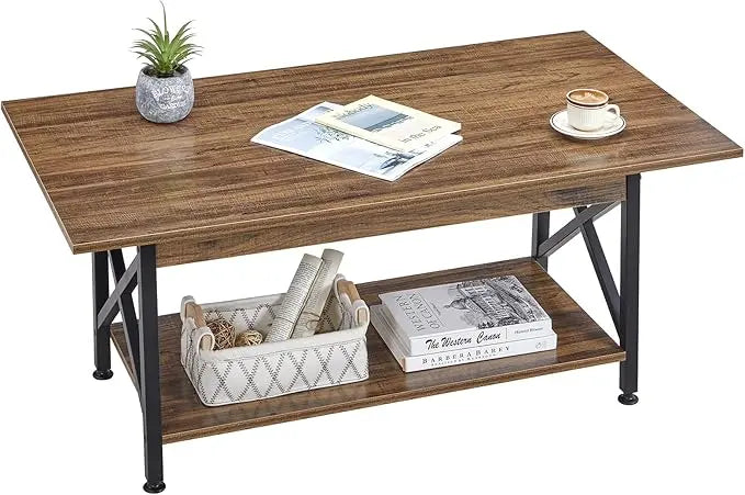 GreenForest Coffee Table Large 43.3 x 23.6 inch Farmhouse Rustic with Storage Shelf for Living Room, Easy Assembly, Walnut - LeafyLoom