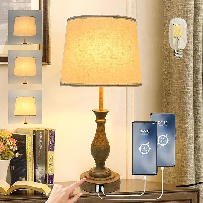 Farmhouse Table Lamp Touch Control 3-Way Dimmable Table Lamp, Modern Nightstand Lamp with 2 USB Port Bedside Desk Lamp with Fabric Shade for Living Room Bedroom Hotel (Pack-01A) - LeafyLoom