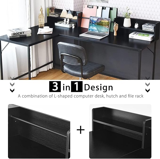 LUARANE 65.5 Inches L-Shaped Desk, Industrial Computer Desk with Hutch File Rack, Space Saving Corner Desk with Metal Frame, Computer Workstation for Home Office (Black) - LeafyLoom