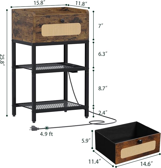 Night Stand set 2, Side Table with Rattan Drawer, Nightstand with Charging Station, Industrial Bedside Table with 3-Tier Storage, Rustic Brown JET003CSR2 - LeafyLoom