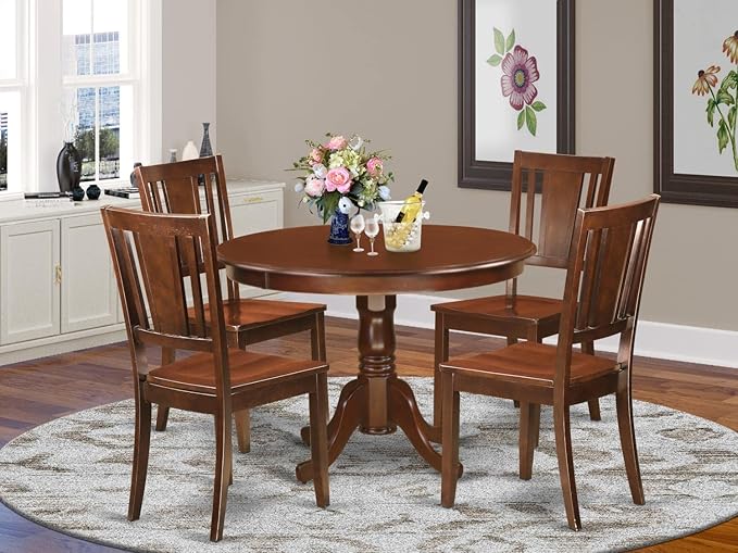 East West Furniture HLDU5-MAH-W 5 Piece Dining Set Includes a Round Dining Room Table with Pedestal and 4 Kitchen Chairs, 42x42 Inch, Mahogany - LeafyLoom