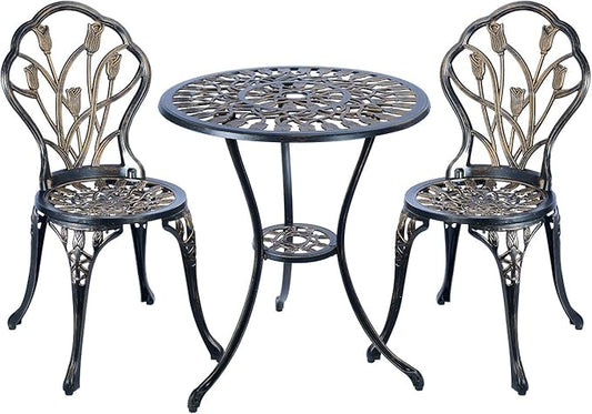 CG 3 Piece Bistro Set, Outdoor Patio Set, Anti-Rust Cast Aluminum Bistro Table Set for Park Yard Front Porch Furniture, Tulip, Antique Copper - LeafyLoom