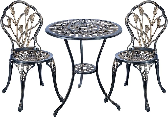 Mandolin Patio Table and Chairs,5 Piece Outdoor Dining Set,Rust-Resistant Cast Aluminum Bistro Set,with Cushion,Tulip Design (Copper) - LeafyLoom