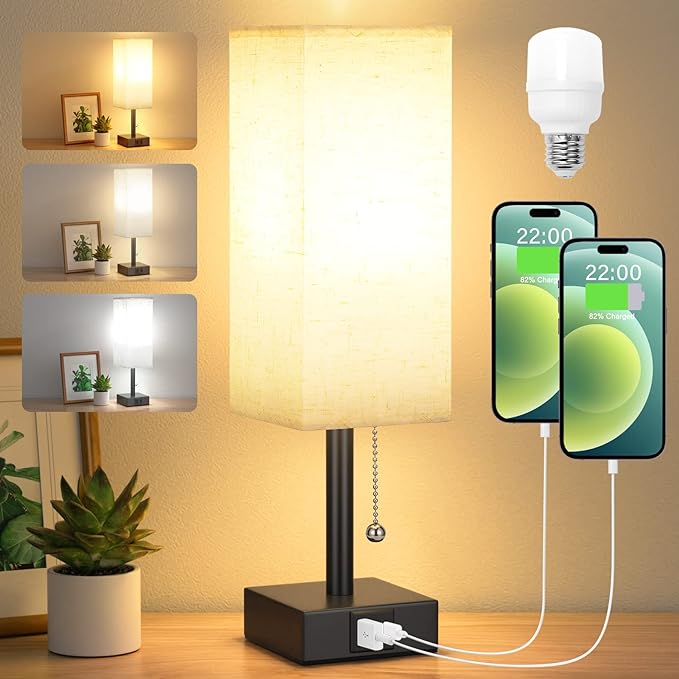 Bedside Table Lamp with 3 Color Temperatures - 3000/4000/5000K Small Lamp with USB C+A Ports, Nightstand Lamp with 3 Color Modes by Pull Chain, Bedroom Lamp for Living Read Work(LED Bulb Included) - LeafyLoom