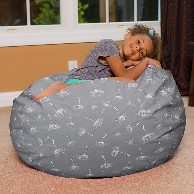 Posh Creations Bean Bag Chair for Kids, Teens, and Adults Includes Removable and Machine Washable Cover, Canvas White Dandelions on Gray, 38in - Large - LeafyLoom