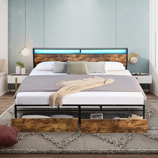 LED Full Bed Frame with 2 Storage Drawers & Headboard, Platform Metal Bed Frame with Charging Station, Noise-Free, No Box Spring Needed, Vintage Brown - LeafyLoom