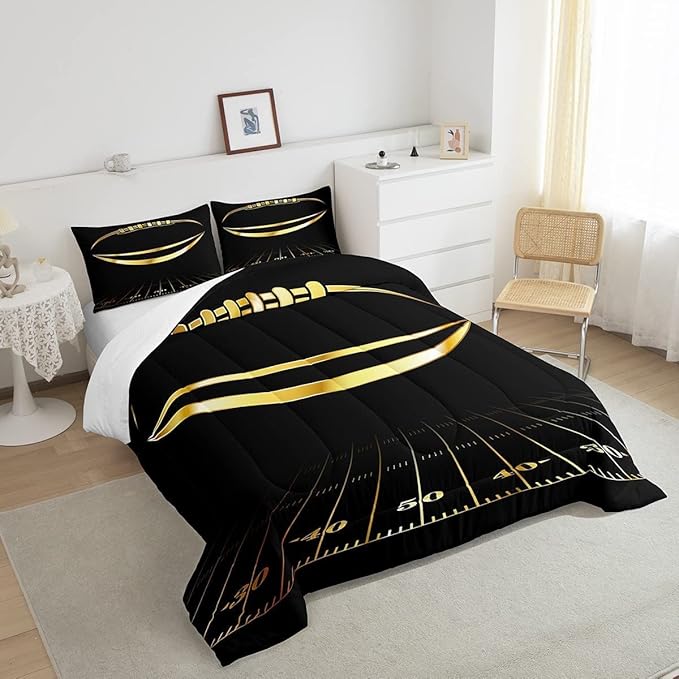 Feelyou Football Bedding Set King Kids Rugby Sports Comforter Set American Football Comforter Set for Boys Golden Black Room Decor Quilt with 2 Pillow Case Boys - LeafyLoom