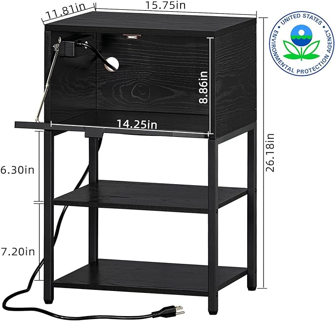 Black Nightstands Set of 2 with Charging Station and USB Port, 3 Tier Industrial Night Stand, Bedside Table with Flip Storage Drawer and Open Shelf, End Side Table for Bedroom, Office, Dorm - LeafyLoom