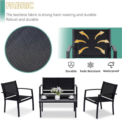 4 Pieces Patio Furniture Set Outdoor Garden Patio Conversation Sets Poolside Lawn Chairs with Tempered Glass Coffee Table Loveseat Porch Furniture Textilene Fabric Black - LeafyLoom