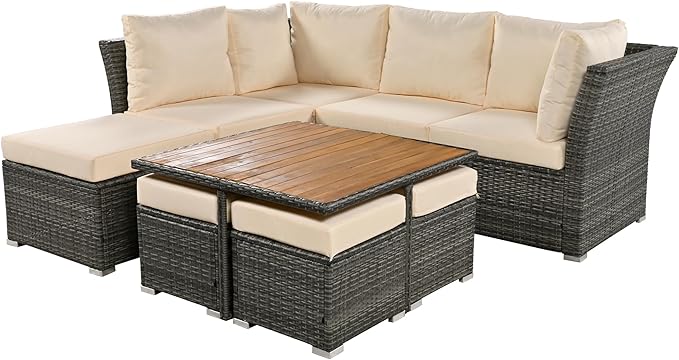 9 Piece Patio Furniture Set with Solid Wood Coffee Table and Ottomans, Rattan Modular Outdoor Sectional Conversation Sofa, for Garden Backyard, Onesize, Beige - LeafyLoom