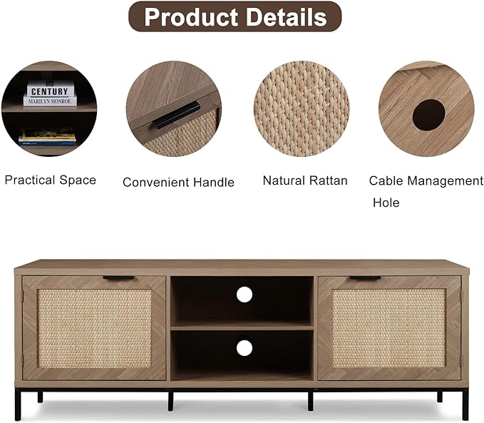 Anmytek Rattan TV Stand for 65 Inch TV Mid Century Modern Entertainment Center with Natural Rattan Door & Herringbone Texture Large TV Console Table for Living Room, Natural Oak - LeafyLoom