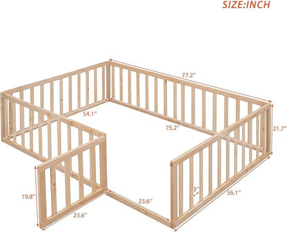 Multifunctional Full Size Floor Bed with Safety Guardrails and Door, Montessori Sturdy Solid Wood Beds Frame, Easy Assembly and No Spring Need, for Boys and Girls Room, Natural - LeafyLoom