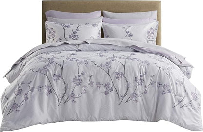 Comfort Spaces Bed in A Bag - Trendy Casual Design Cozy Comforter with Complete Sheet Set with Side Pocket, All Season Cover, Matching Shams King(104"x90"), Kate, Grey/Purple 9 Piece - LeafyLoom