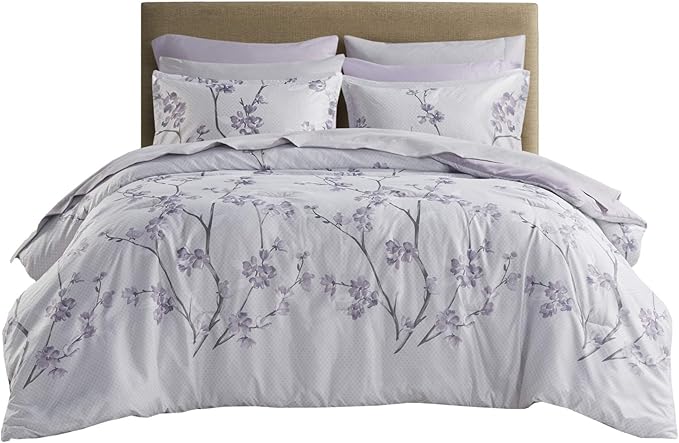 Comfort Spaces Bed in A Bag - Trendy Casual Design Cozy Comforter with Complete Sheet Set with Side Pocket, All Season Cover, Matching Shams Queen(90"x90"), Kate, Grey/Purple 9 Piece - LeafyLoom