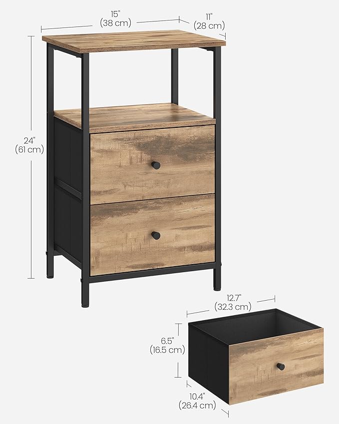 VASAGLE Nightstand, Side Table with 2 Fabric Drawers, 24-Inch Tall End Table with Storage Shelf, Bedroom, Camel Brown and Black ULGS025K50 - LeafyLoom