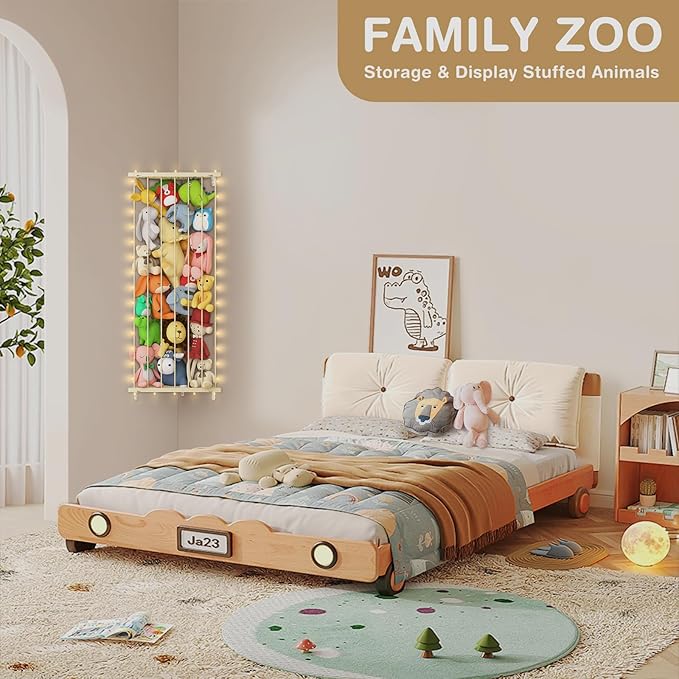 Stuffed Animal Storage Toy Organizer: Corner Stuff Animals Holder for Wall with LED Light - Kids Plush Toys Storage with Adjustable Length for Nursery Playroom Bedroom Kids Room(Beige) - LeafyLoom