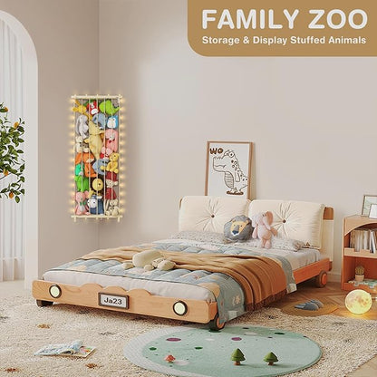 Stuffed Animal Storage Toy Organizer: Corner Stuff Animals Holder for Wall with LED Light - Kids Plush Toys Storage with Adjustable Length for Nursery Playroom Bedroom Kids Room(Beige) - LeafyLoom