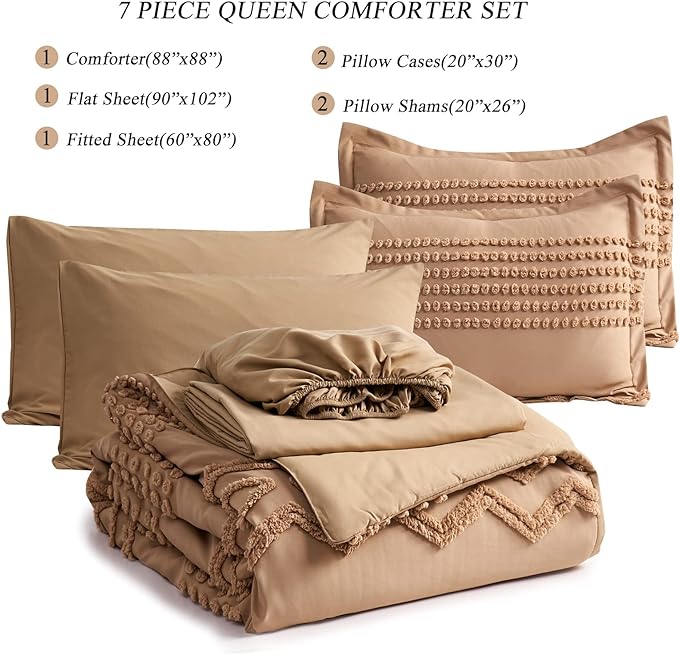 KAKIJUMN Khaki Tufted Comforter Set Queen Size 7 Piece Bed in a Bag, Shabby Chic Boho Comforter and Sheet Set, All Season Soft Microfiber Complete Bedding Set(Khaki,Queen) - LeafyLoom